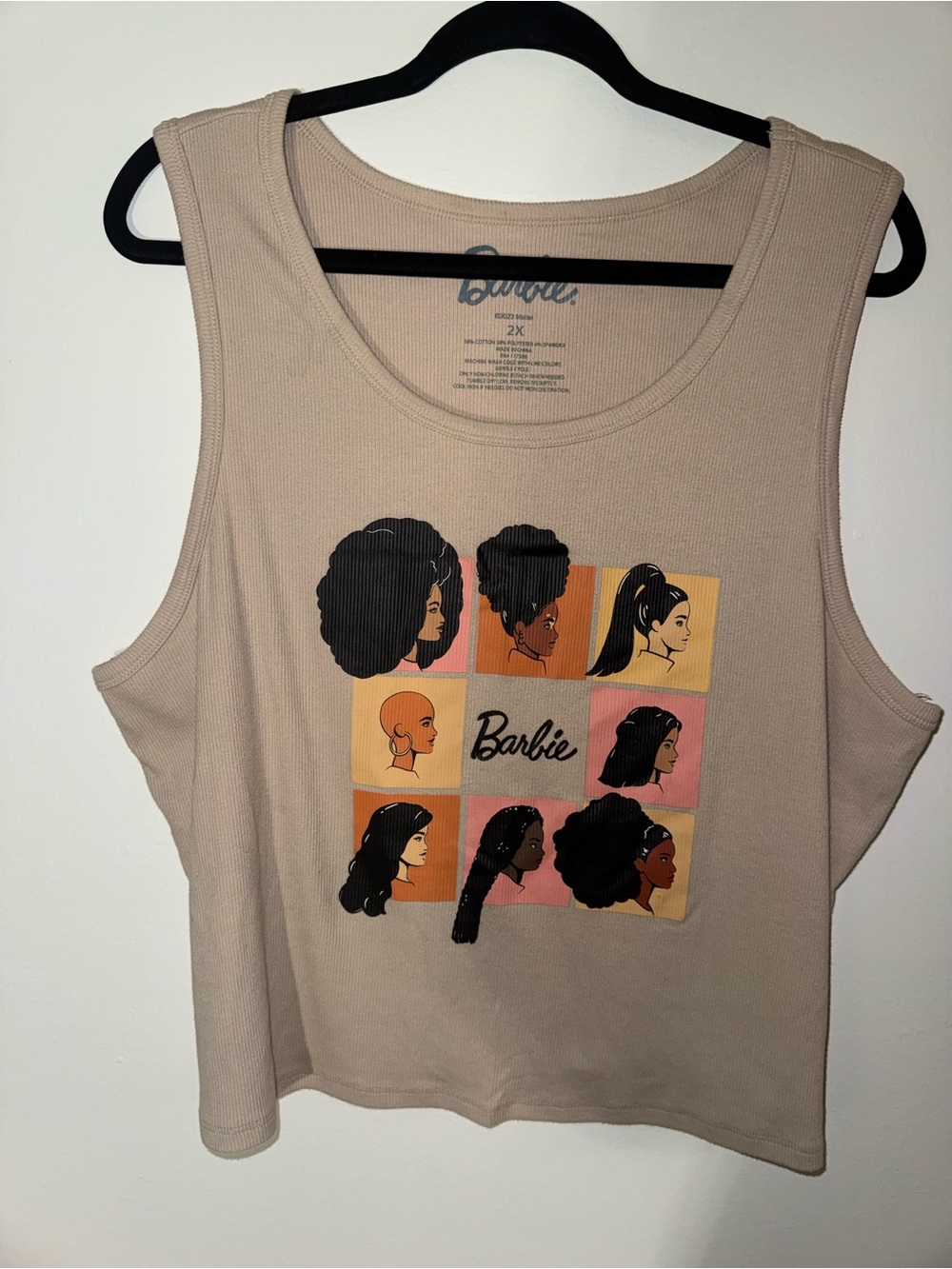 Barbie Tan Graphic Tank Top with Multicolor Portrait Grid